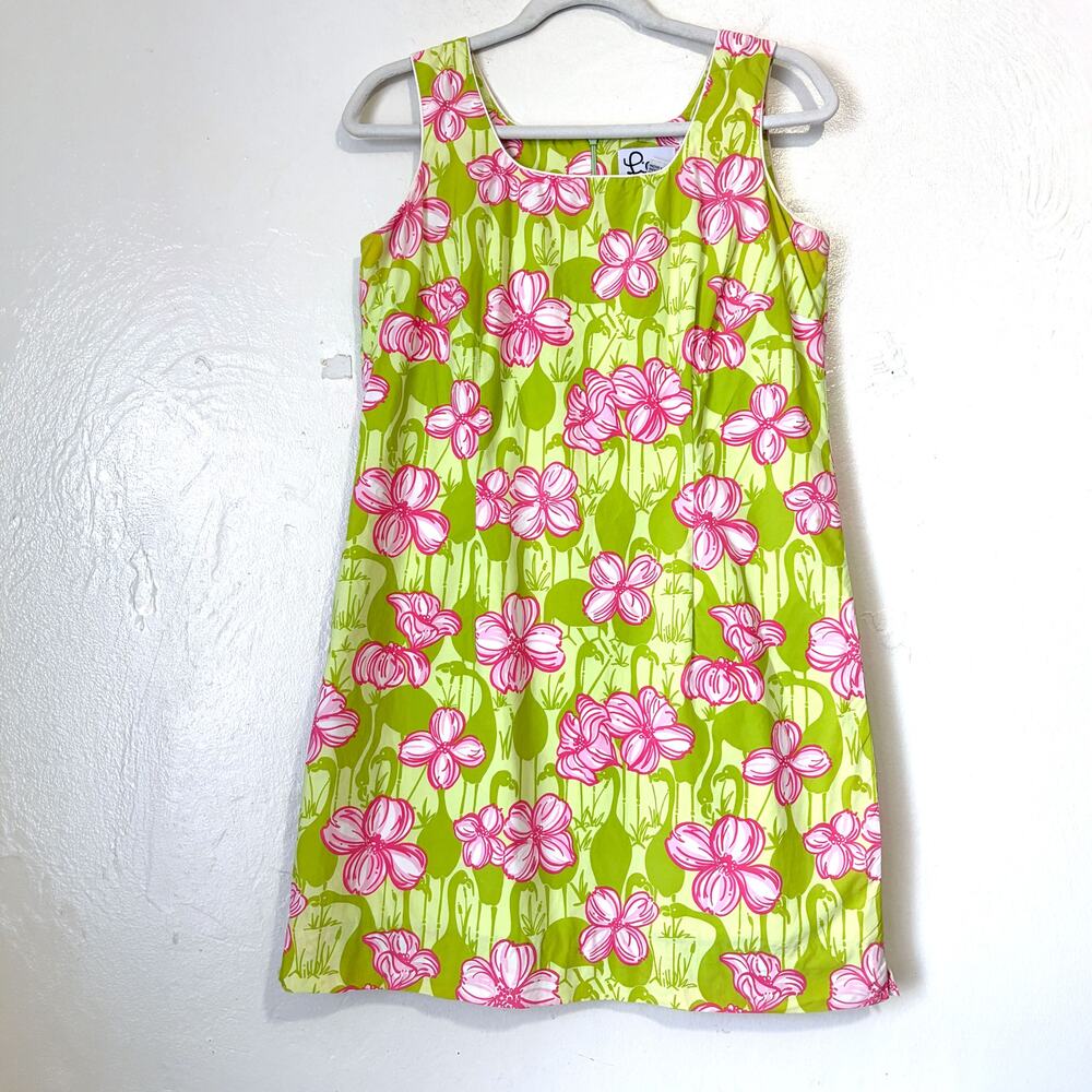 Lilly Pulitzer Vintage Flamingo Floral Cotton Shift Dress Green Pink Size 10